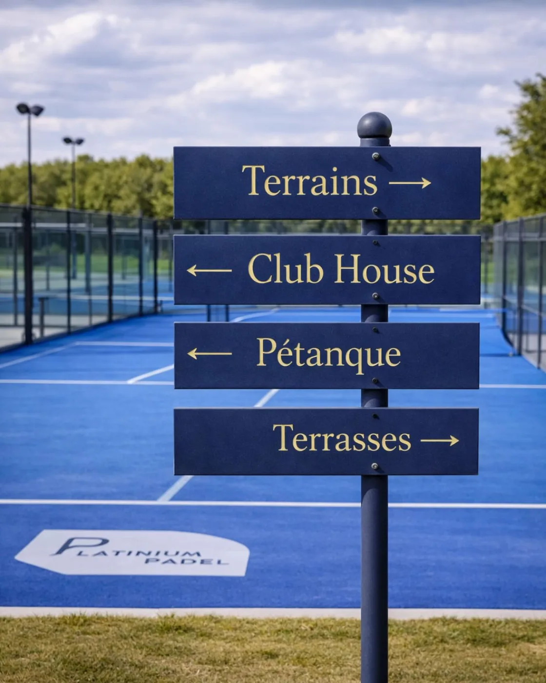Pancarte directionnelle marine et or de Platinium Padel sur terrain bleu